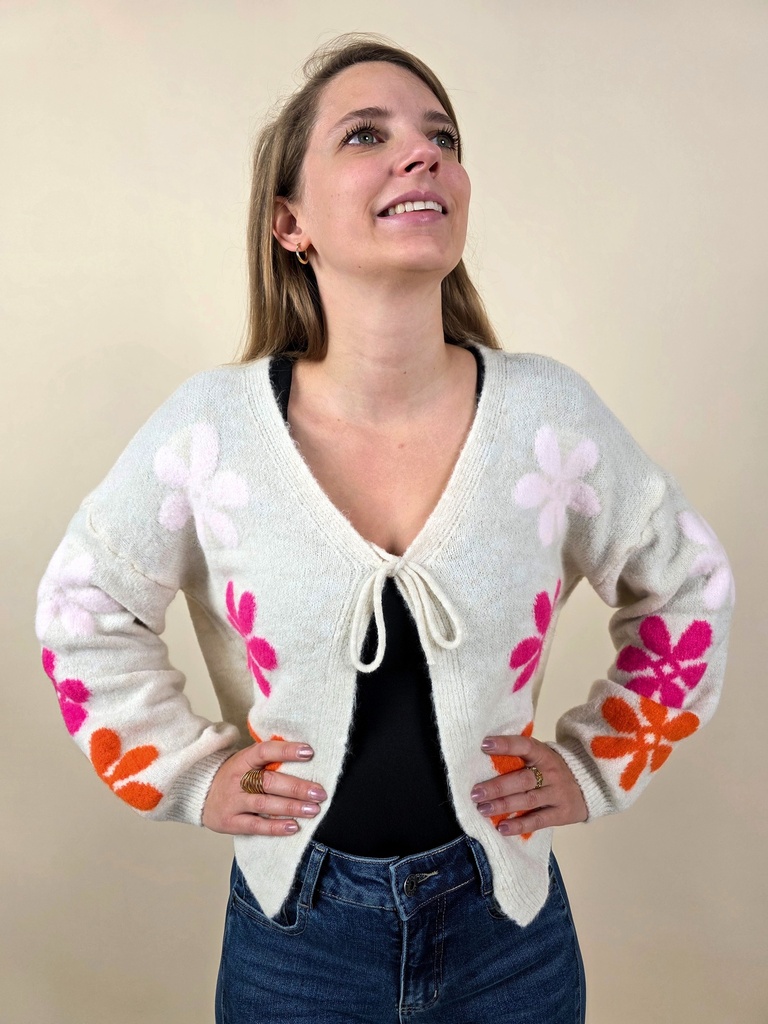 Gilet court écru à fleurs ample avec manches cloches (Anti-Gaspi)