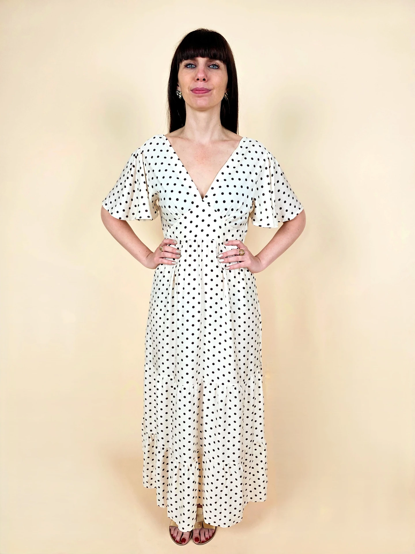Robe longue écrue à pois marrons