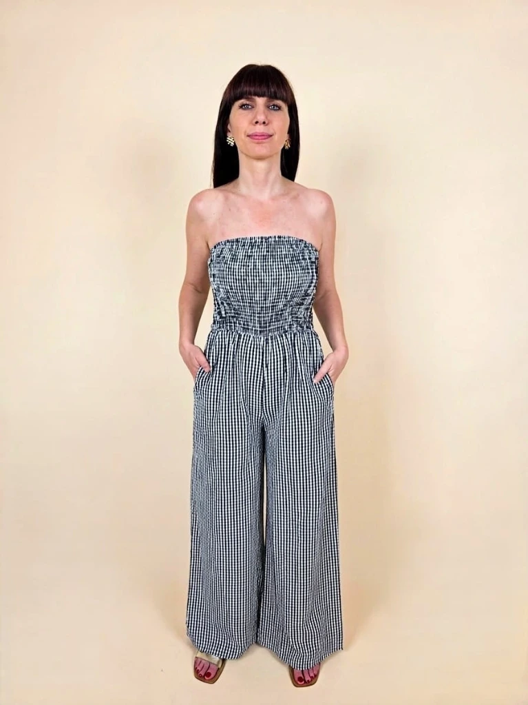 Combinaison bustier à carreaux vichy noir et blanc