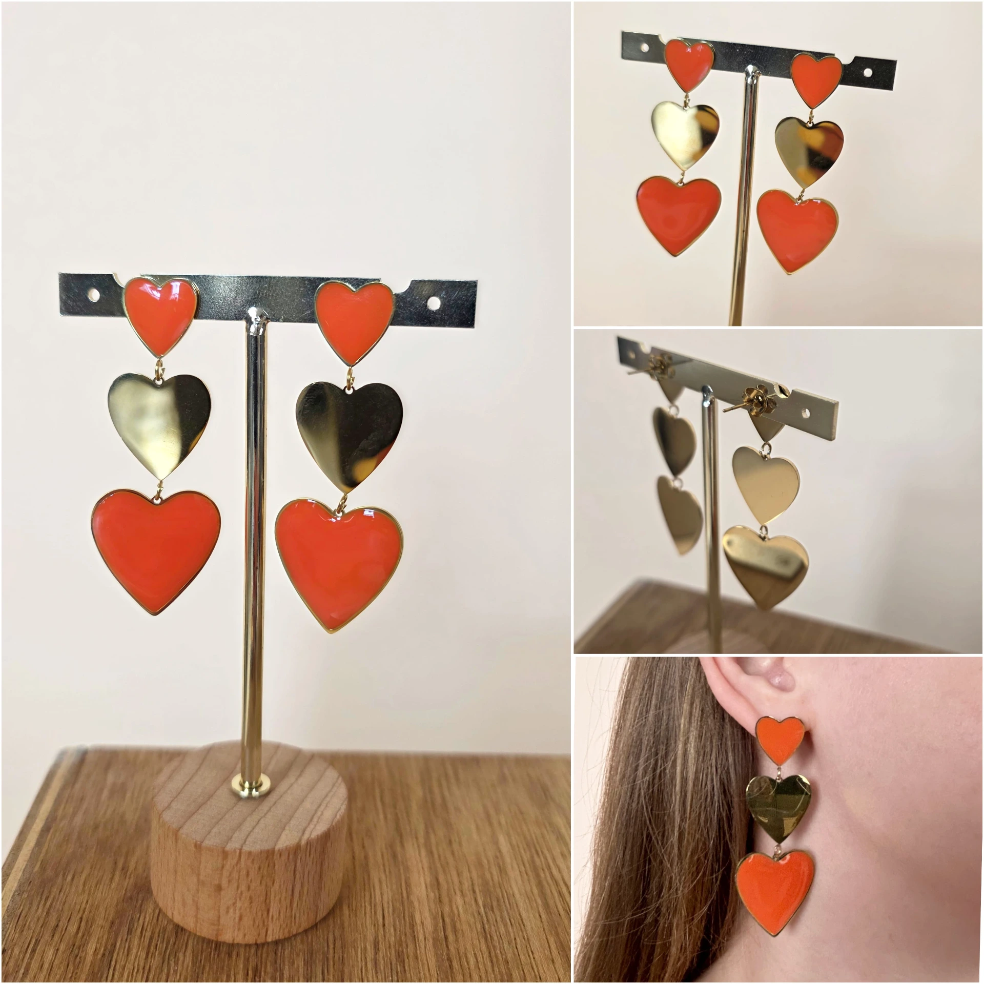Boucles d'oreilles "Triple Cœur" orange et doré