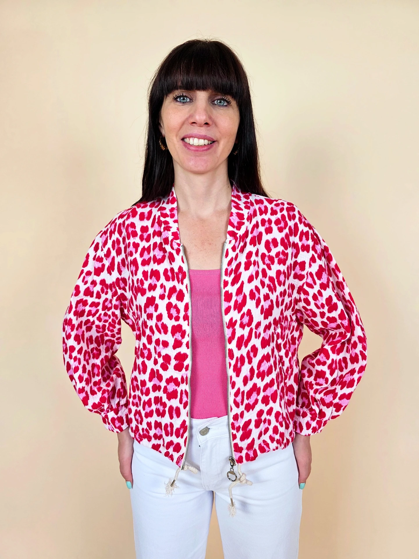 [00792_XS] Veste bomber fluide à imprimé léopard rose et blanc (XS)
