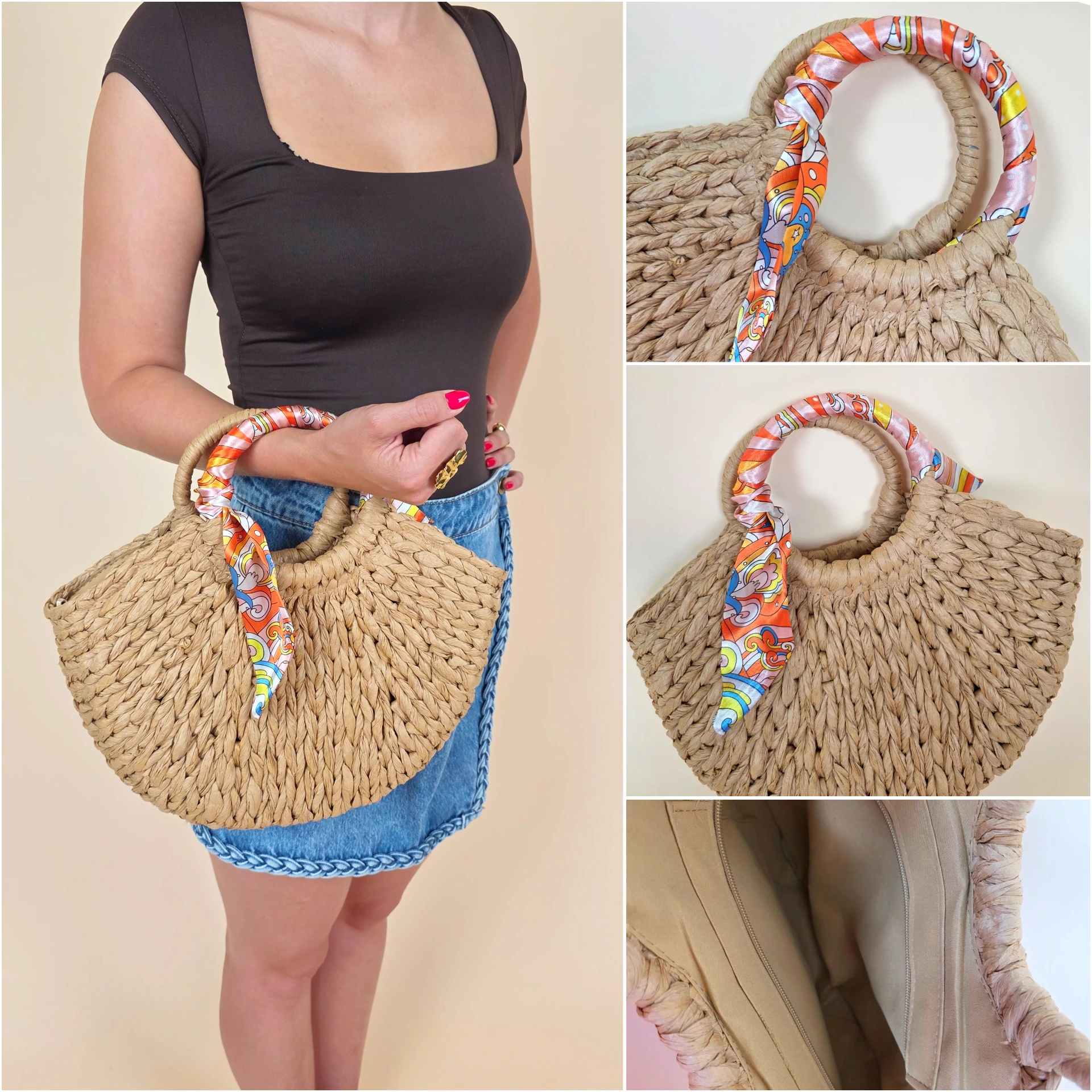 Sac cabas demi-lune en paille tressée