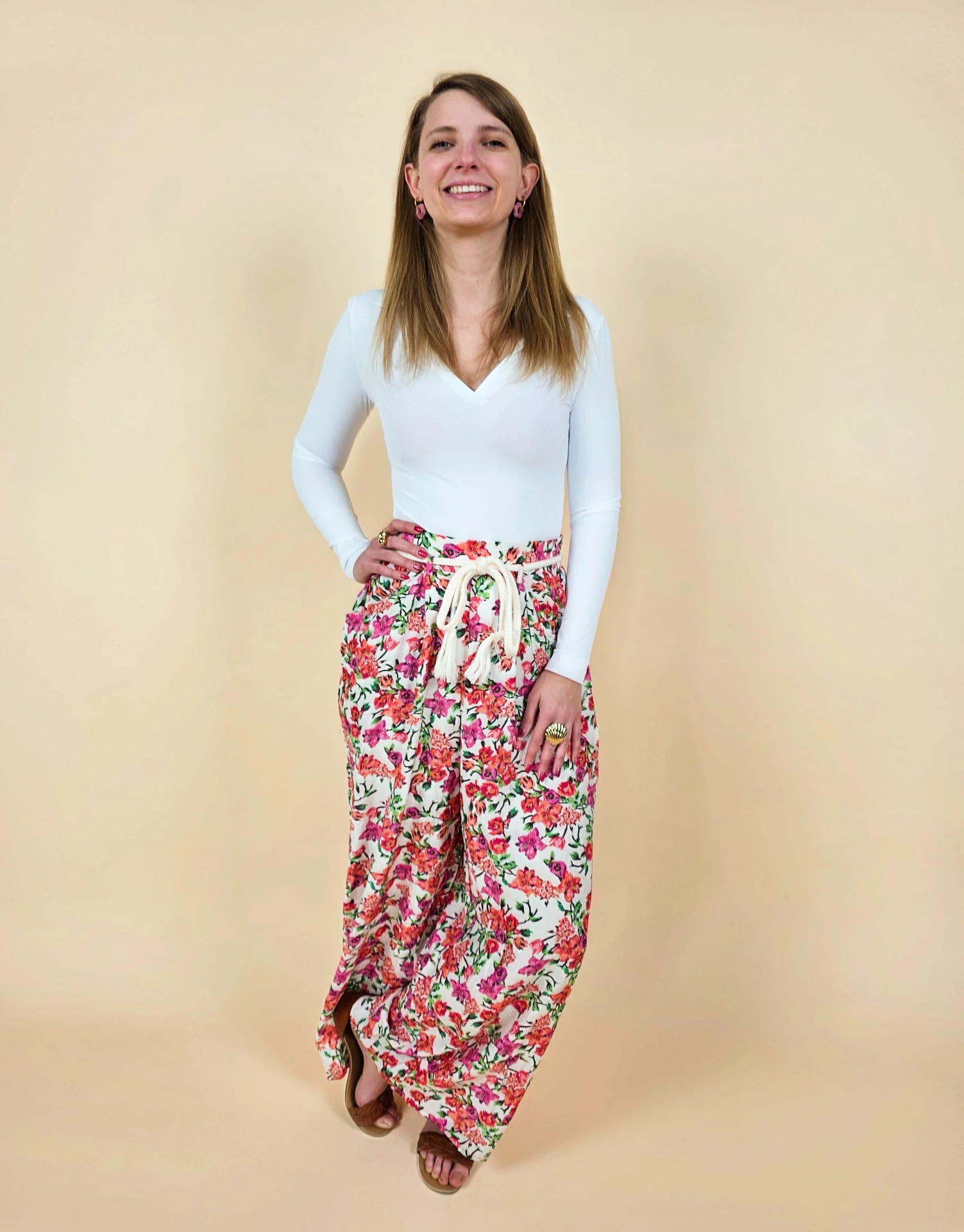 Pantalon fluide à imprimé floral et ceinture cordelette L (Anti-Gaspi)
